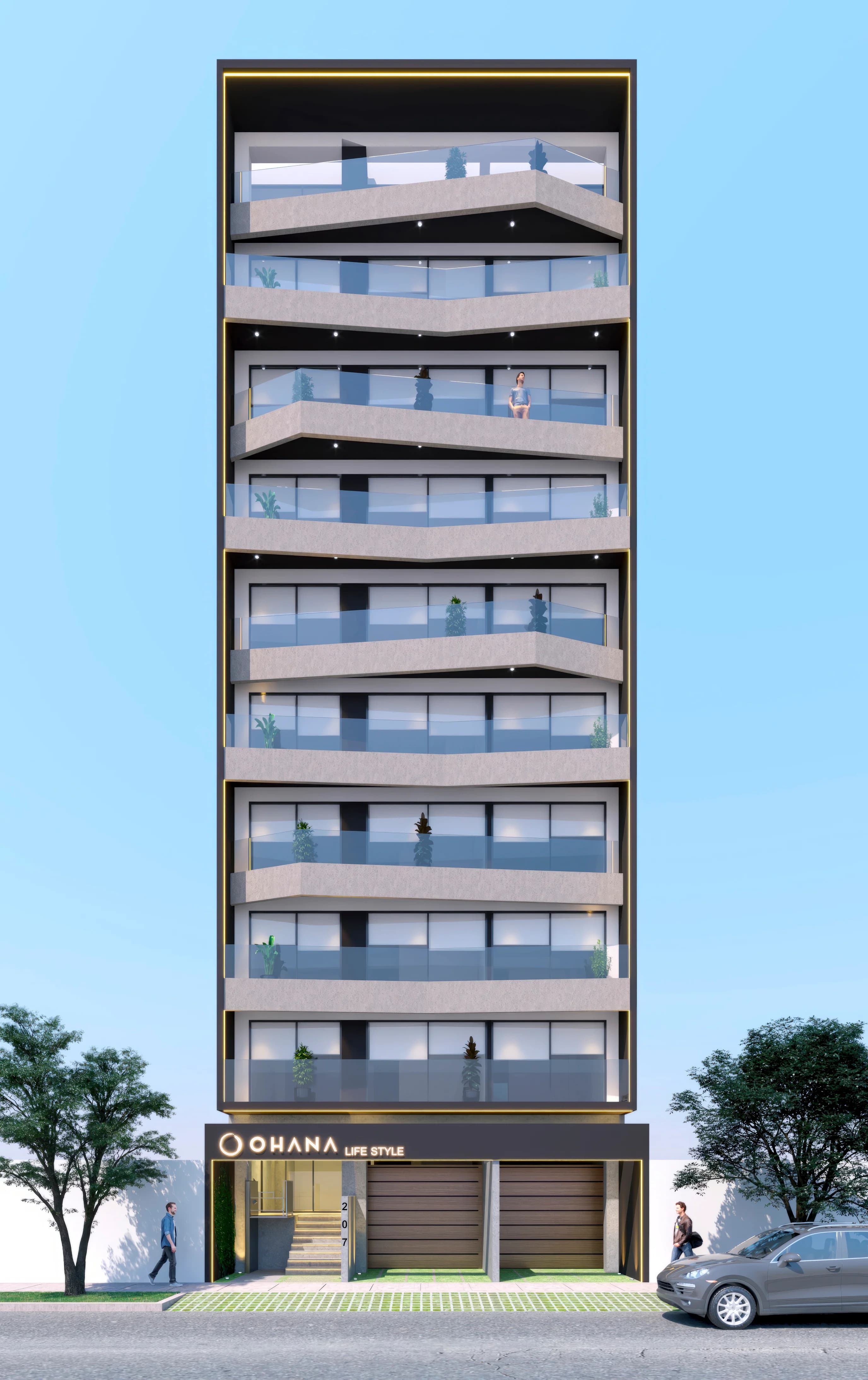 Vista frontal principal del edificio Ohana